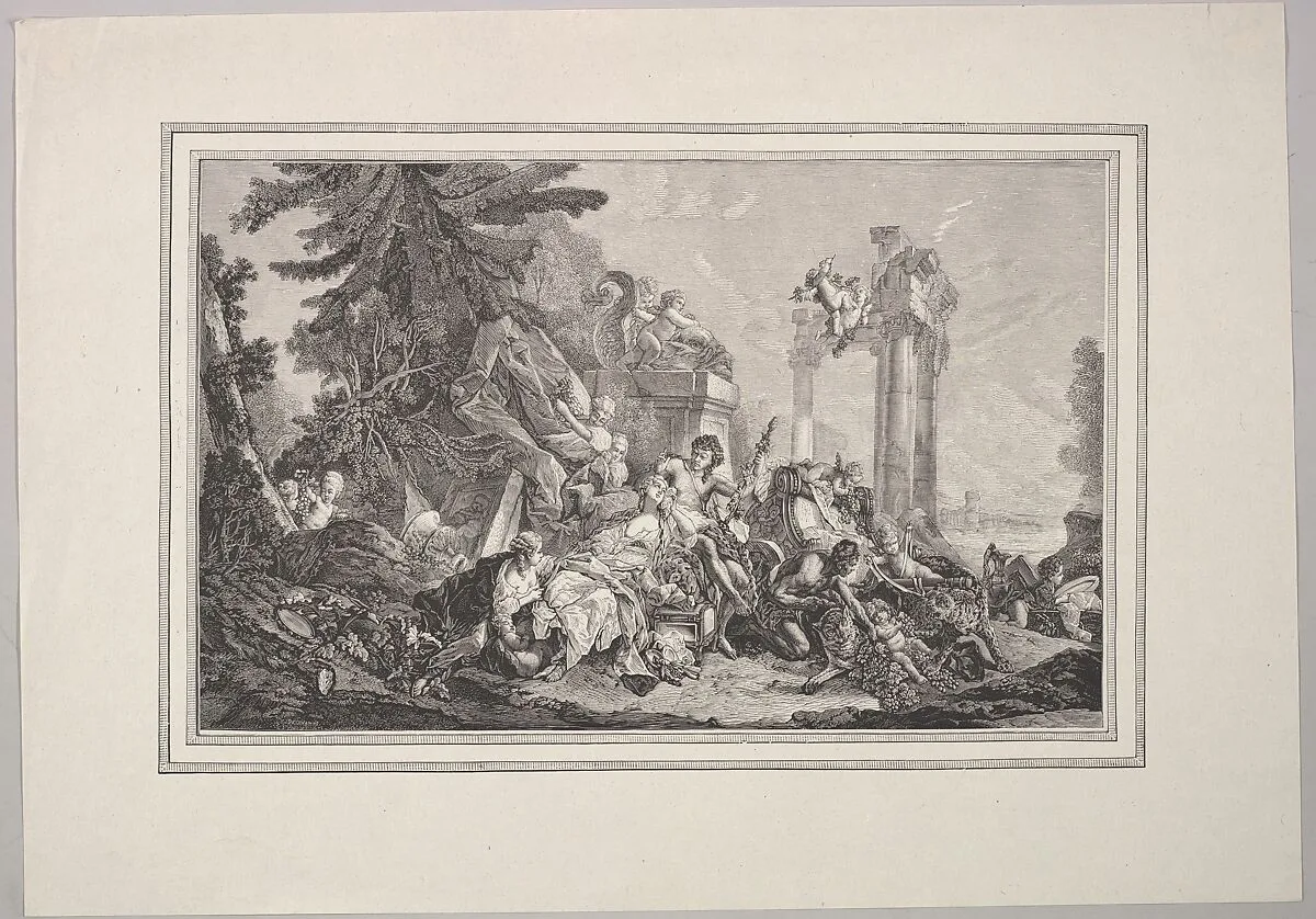 Wood Engraving of a Tapestry of Bacchus and Ariadne, from Amours des Dieux (Loves of the Gods) — Anonymous|François Boucher