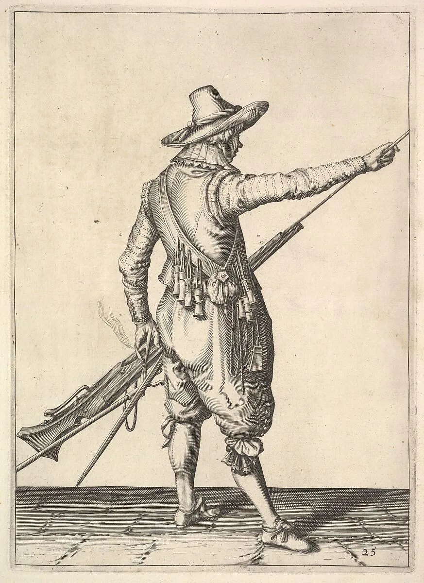 A soldier pulling out the ramrod from its holder, from the Musketeers series, plate 25, in Wapenhandelinghe van Roers Musquetten Ende Spiessen (The Exercise of Arms) — Jacques de Gheyn II|Jacques de Gheyn II