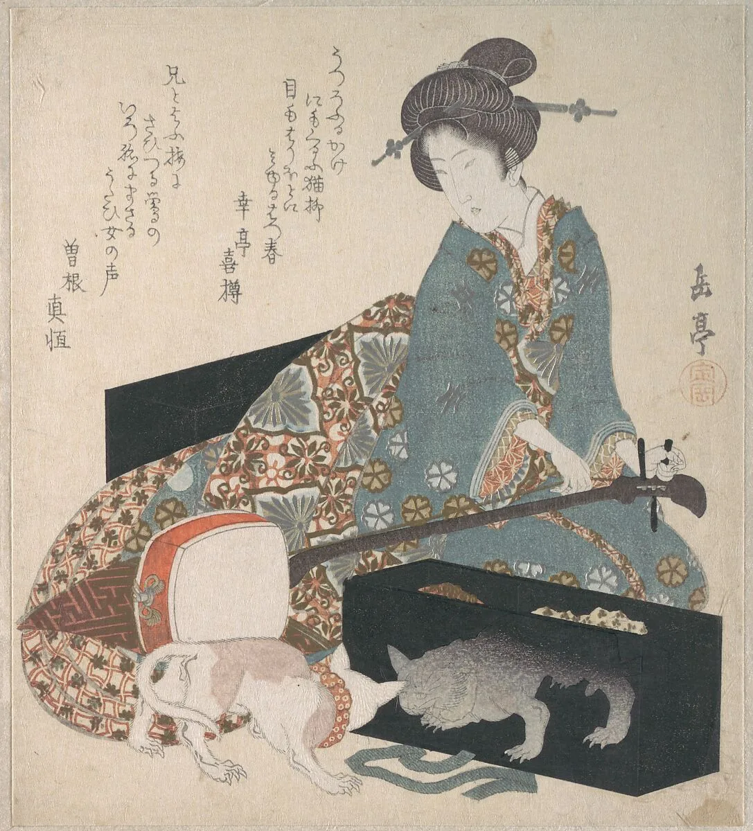 三味線の調弦|Woman Tuning a Shamisen and a Cat Looking at its Own Reflection — Yashima Gakutei