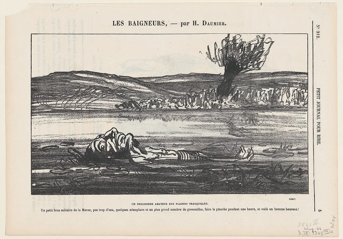 Philosophical contemplations of a lover of silent pleasures, from 'The bathers,' published in Le Petit Journal pour Rire, August 6, 1864 — Honoré Daumier