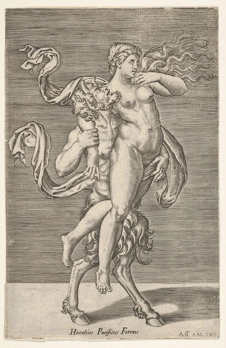 Satyr carrying a nymph, whose right arm is wrapped around the satyr's neck, with a planar background — Giulio Romano|Antonio Salamanca