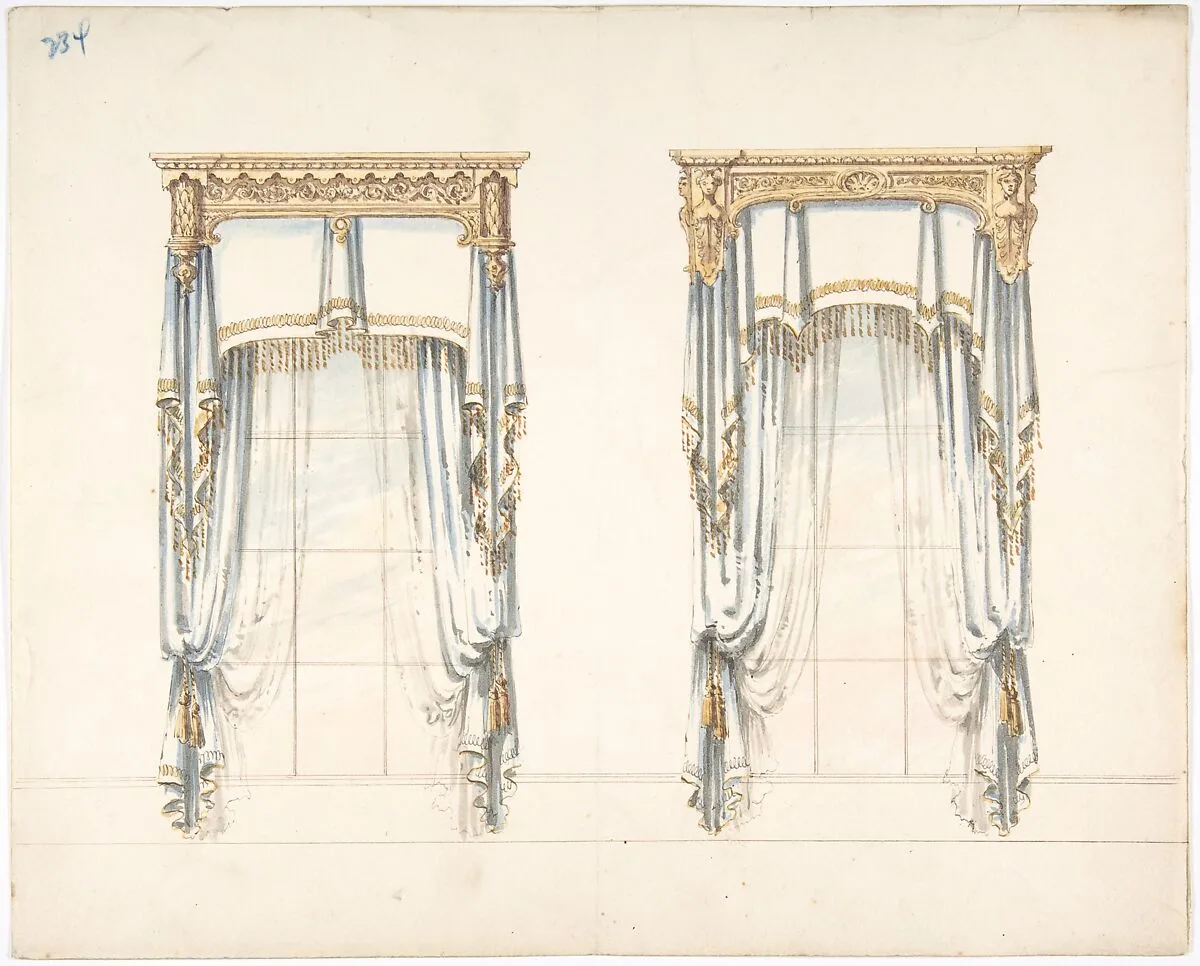 Design for Two White Curtains with Gold Fringes and a Gold Pediment — Anonymous, British, 19th century