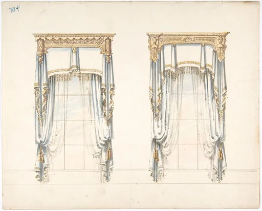 Design for Two White Curtains with Gold Fringes and a Gold Pediment