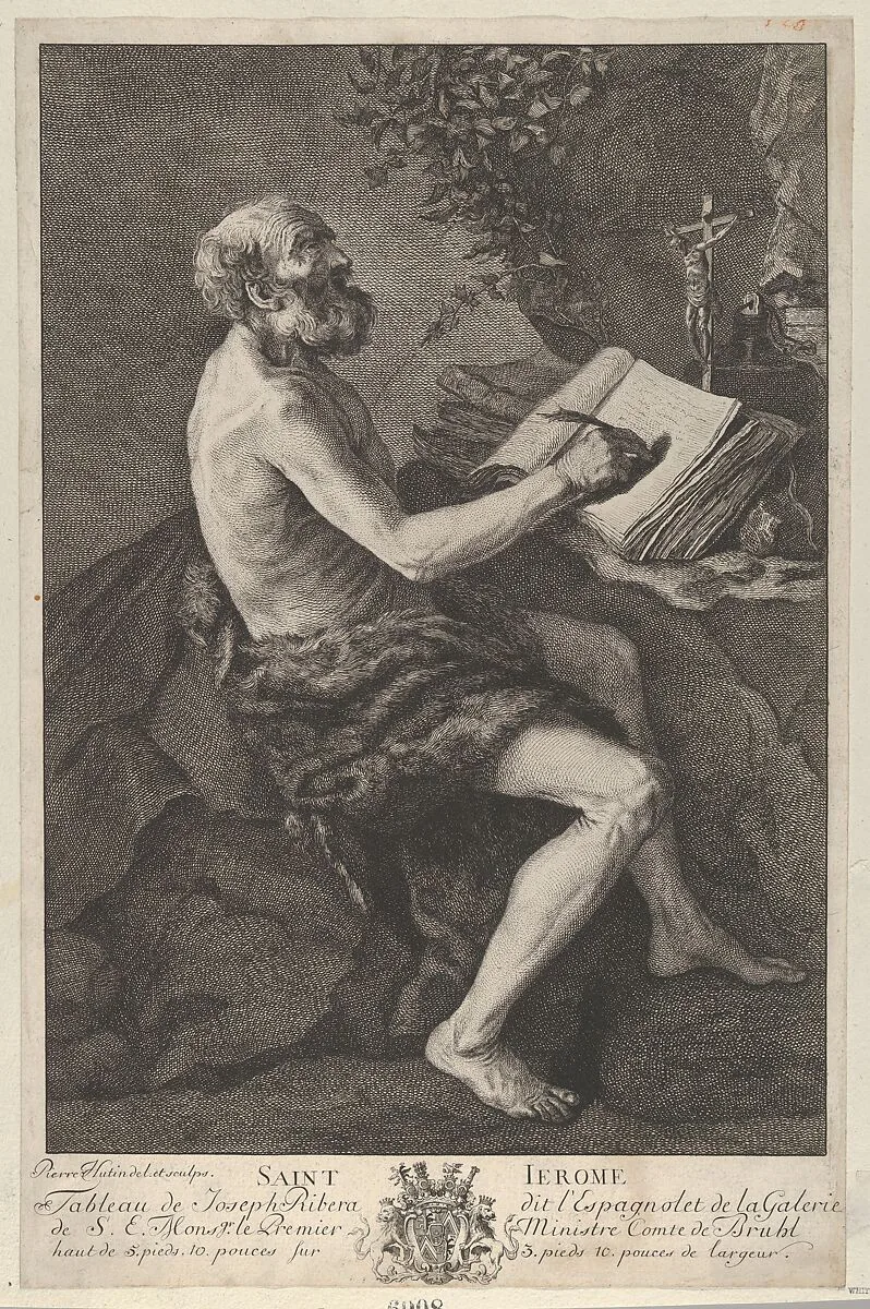 Saint Jerome in the Wilderness, seated, writing and meditating on a crucifix — Jusepe de Ribera (called Lo Spagnoletto)|Pierre Hutin