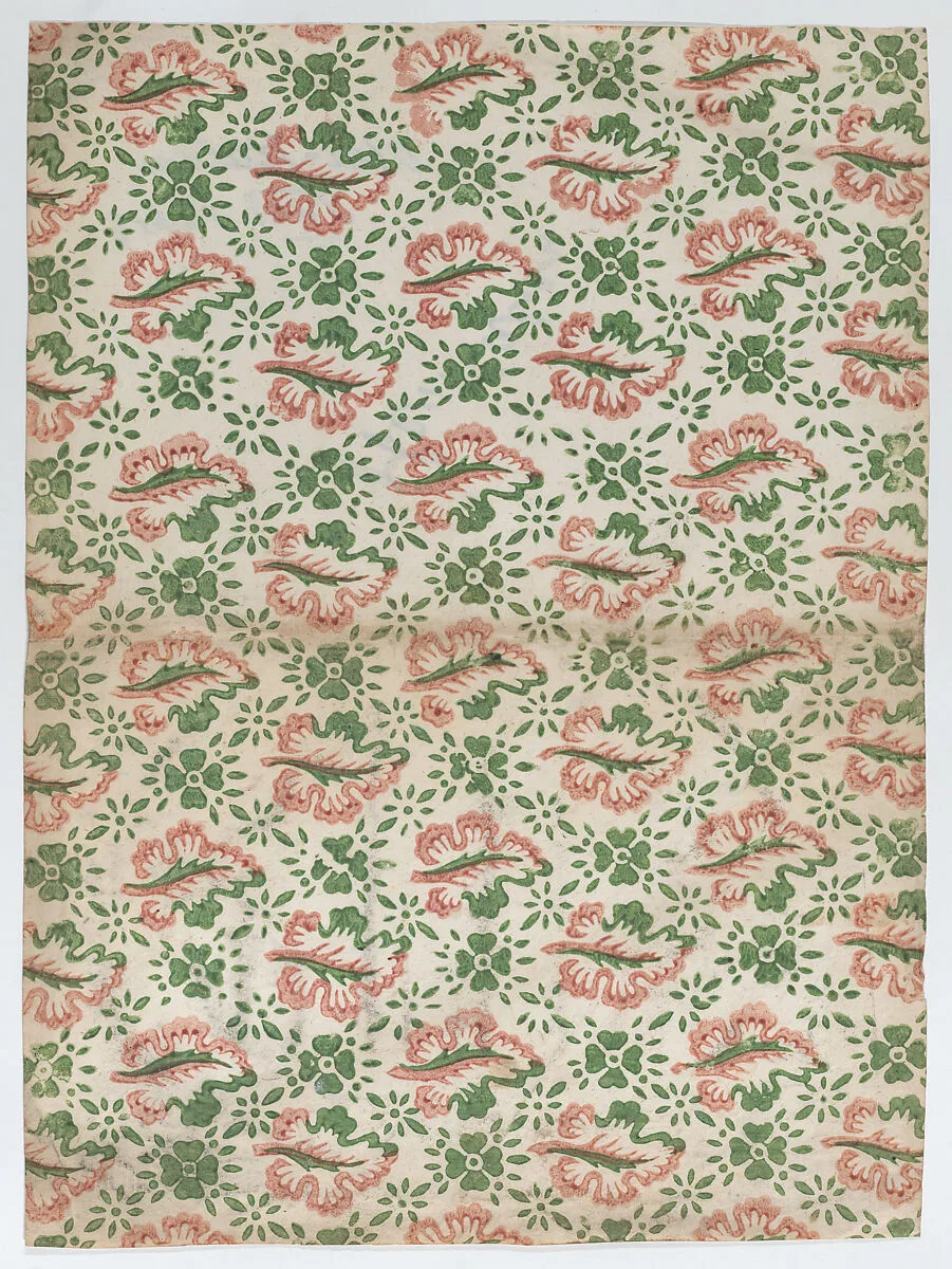 Sheet with overall red and green floral pattern — Anonymous