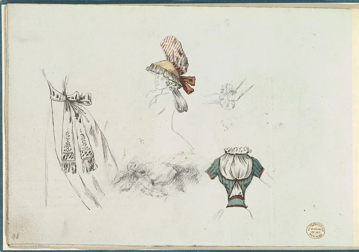 Costume Design Sketches including a Bouffant Skirt, Hat, and Bodice — Anonymous, French, 18th century|Antoine Caire-Morand|Anonymous, French, 19th century