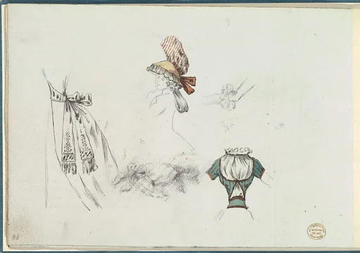 Costume Design Sketches including a Bouffant Skirt, Hat, and Bodice