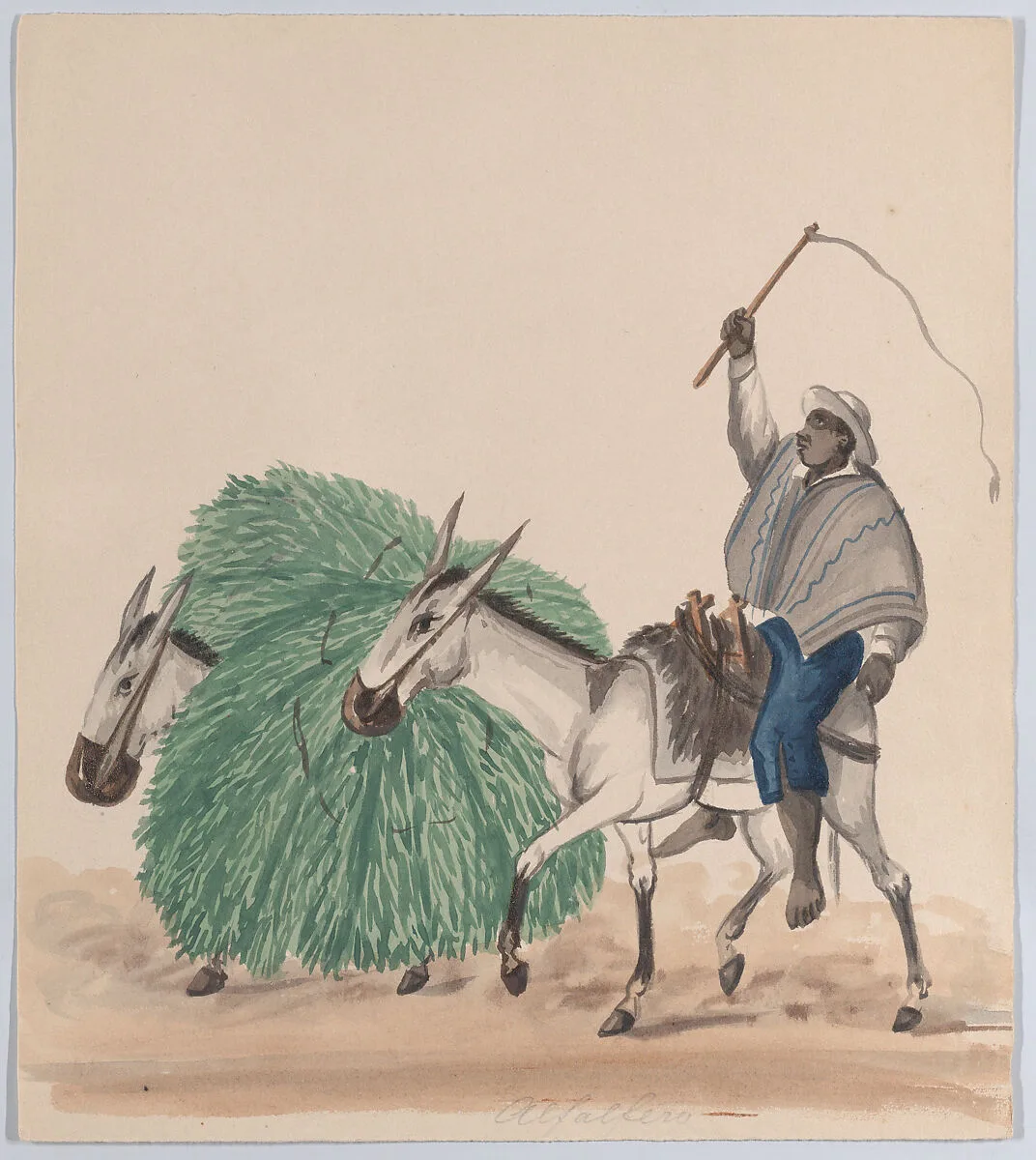 A man riding a mule, his whip raised, another mule loaded with grass alongside, from a group of drawings depicting Peruvian dress — Francisco (Pancho) Fierro