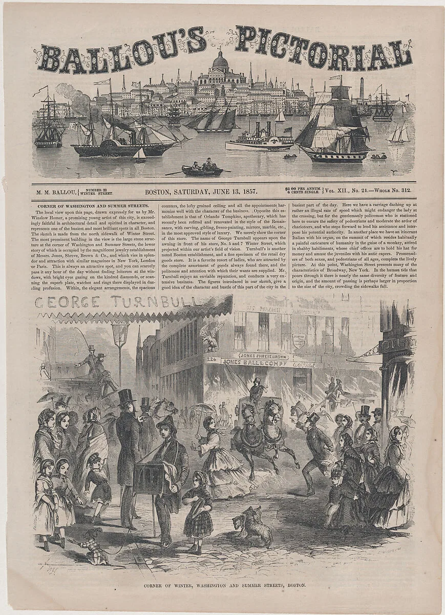 Corner of Winter, Washington and Summer Streets, Boston (Ballou's Pictorial Drawing Room Companion, Vol. XII) — Winslow Homer|Charles F. Damoreau
