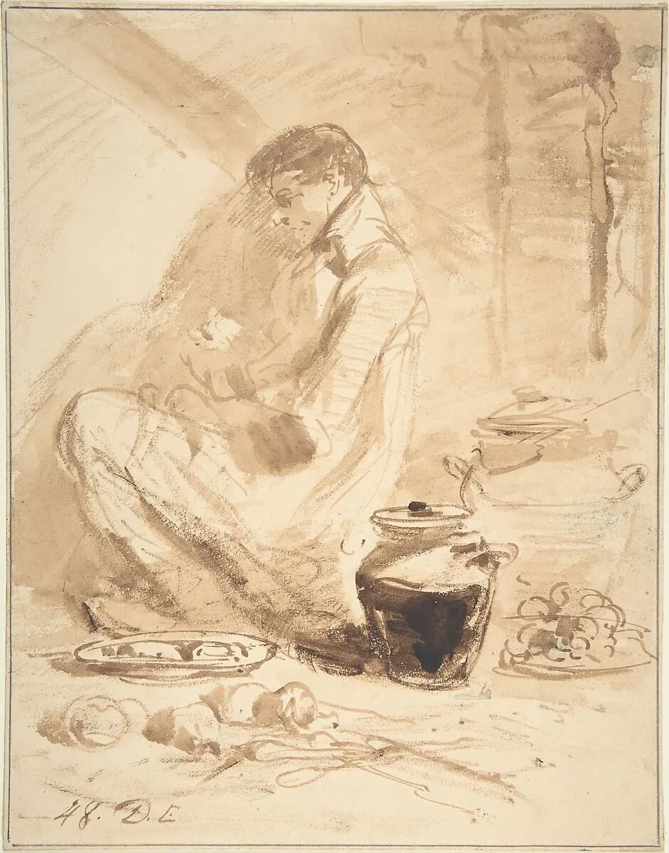 Man Sitting on the Ground with Jars and Food — Anonymous, British, 19th century