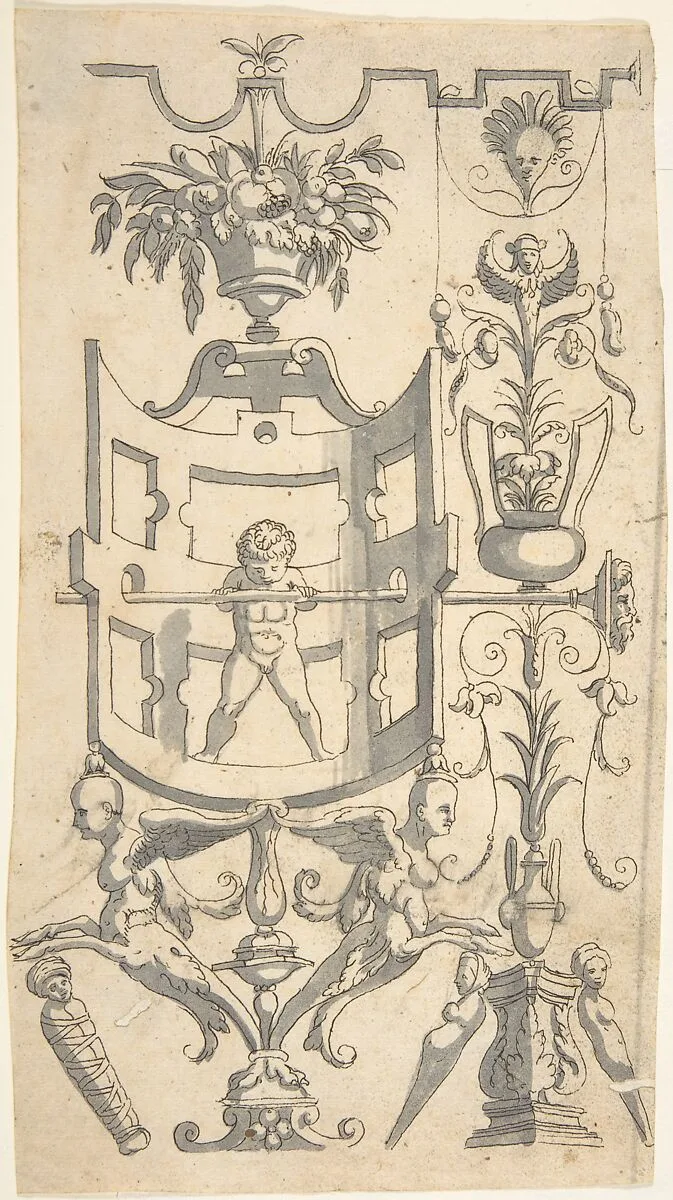 Candelabra Grotesque with a Naked Boy in a Strapwork Contraption — Cornelis Bos|Anonymous, Italian, 16th century
