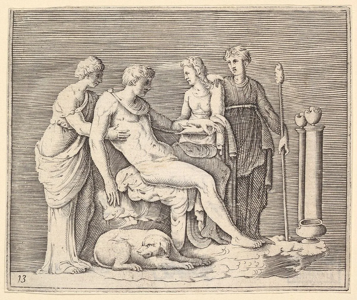 Man Attended by Three Women, from "Ex Antiquis Cameorum et Gemmae Delineata/ Liber Secundus/et ab Enea Vico Parmen Incis" — Francesco Angeloni|Battista Franco|Philippe Thomassin|Enea Vico|Anonymous, Italian, 16th century