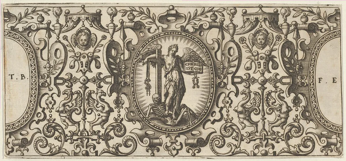 An Angel Trampling a Skeleton, from Grotisch fur alle Kunstler — Theodor de Bry