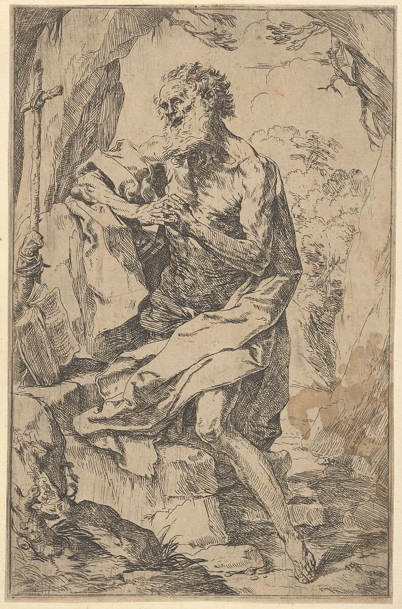 Saint Jerome kneeling on a rock in front of a cross and an open book facing left — Guido Reni