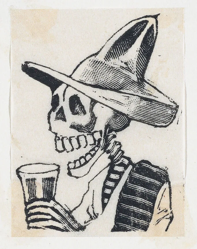 A skeleton wearing a hat having a drink (vignette for the feast of the dead) — José Guadalupe Posada