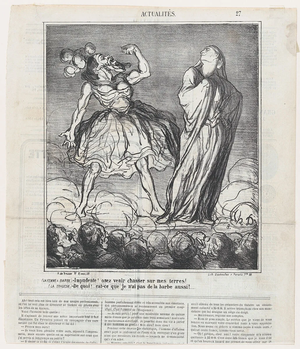 The bearded lady: Imprudent woman! You dare hunt on my territory! Tragedy: What! Don't I have a beard as well?, from 'News of the day,' published in Le Charivari, February 16, 1867 — Arnaud de Vresse|Honoré Daumier|Destouches