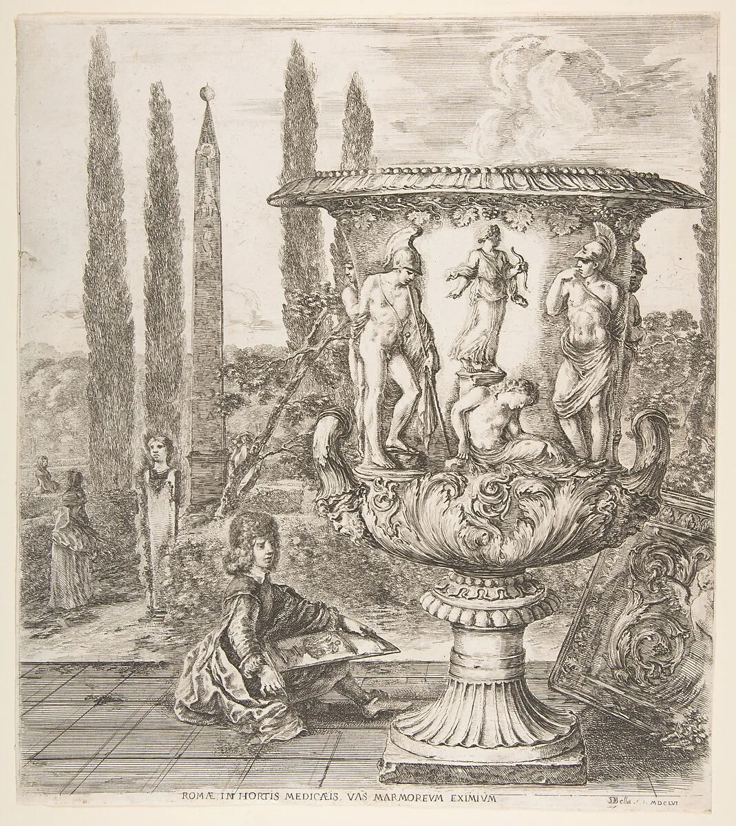 The Medici vase, a large vase to right decorated with a representation of the sacrifice of Iphigenia, on a garden terrace, a teenage boy seated to left with a pen and paper with a drawing of the vase, cyprus trees and an obelisk to left in the background, from "Six large views, four of Rome, and two of the Roman countryside" (Six grandes vues, dont quatre de Rome et deux de la Campagne romaine) — Stefano della Bella|Cosimo III de' Medici, Grand Duke of Tuscany