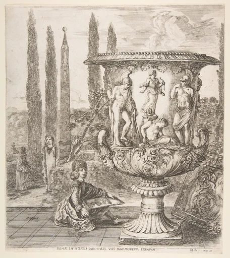 The Medici vase, a large vase to right decorated with a representation of the sacrifice of Iphigenia, on a garden terrace, a teenage boy seated to left with a pen and paper with a drawing of the vase, cyprus trees and an obelisk to left in the background, from "Six large views, four of Rome, and two of the Roman countryside" (Six grandes vues, dont quatre de Rome et deux de la Campagne romaine)