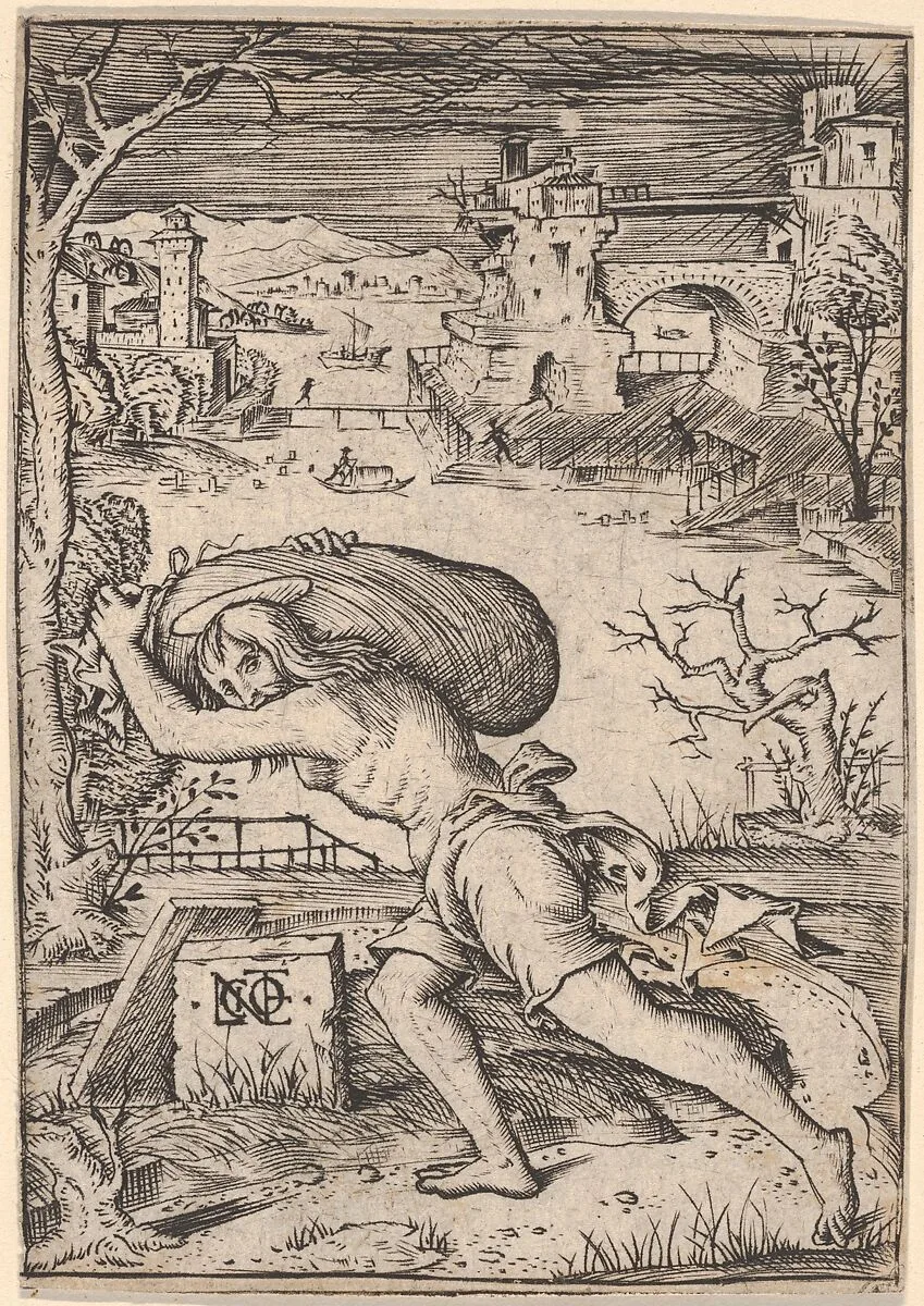 A man carrying sack striding to the left — Nicoletto da Modena