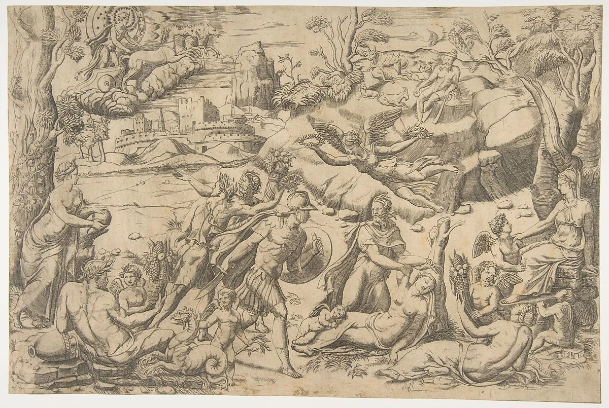 Mars and Rhea Silvia: in the centre Mars holds a shield and sword, Rhea Silvia sleeping, Apollo in his chariot upper left — Giulio Bonasone