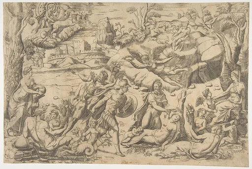 Mars and Rhea Silvia: in the centre Mars holds a shield and sword, Rhea Silvia sleeping, Apollo in his chariot upper left