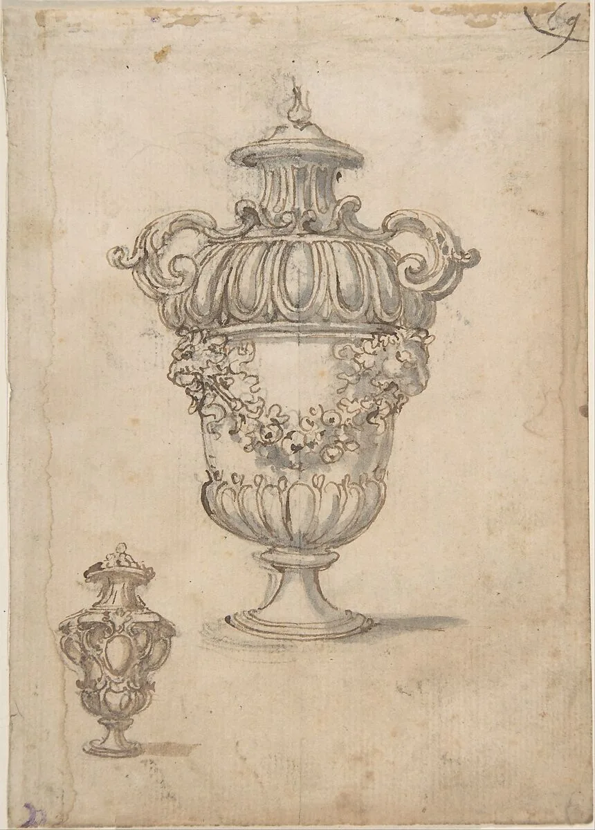 Two Designs for Vases (recto); Design for Candle Stick (?) (verso) — Giovanni Battista Foggini