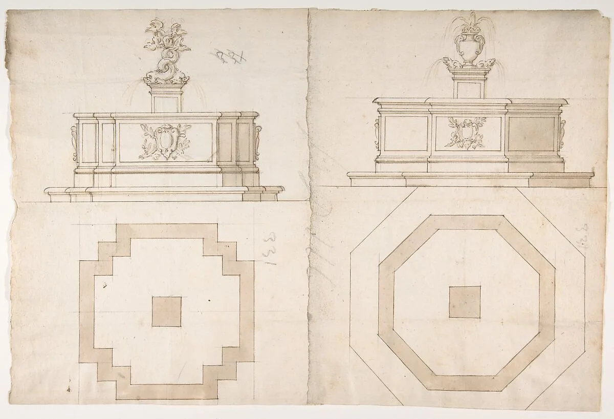Two Plans and Elevations for Fountains — Anonymous, French, 16th century|Jacques Androuet Du Cerceau