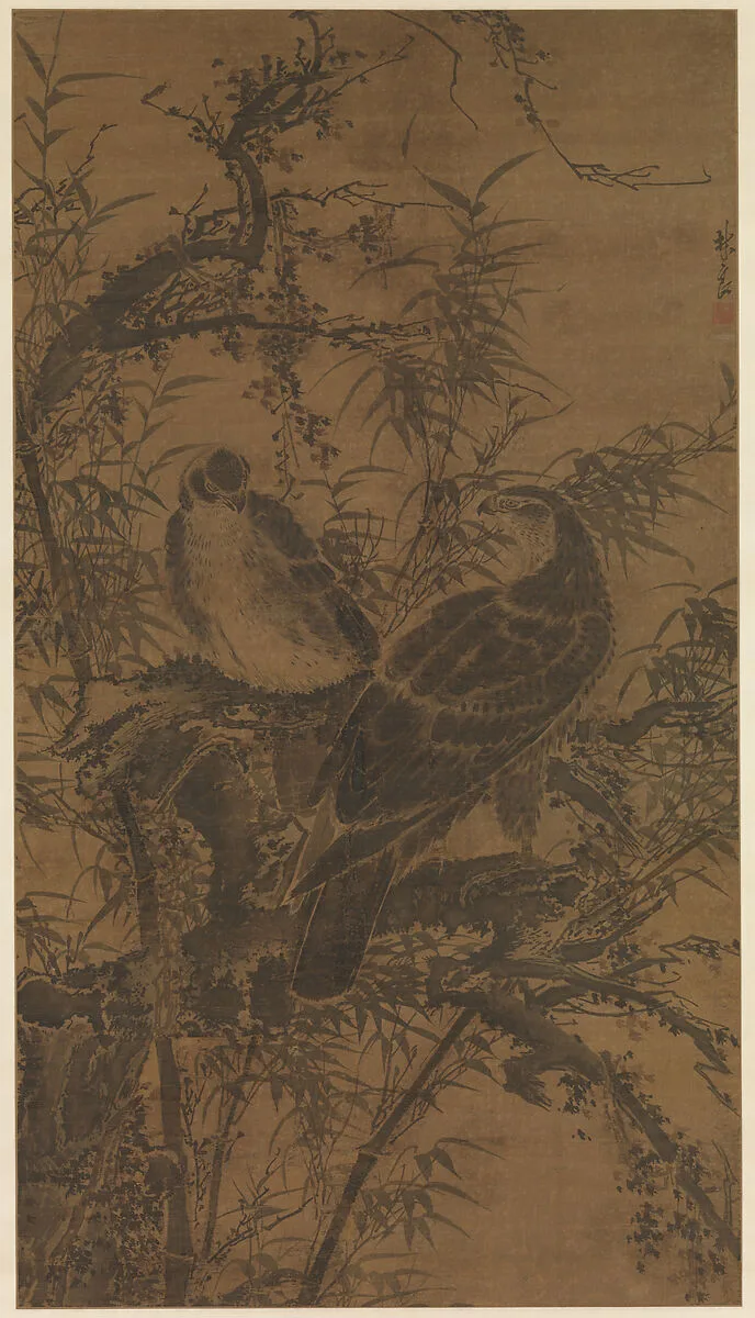 明 林良 二鷹圖 軸|Two hawks in a thicket — Lin Liang