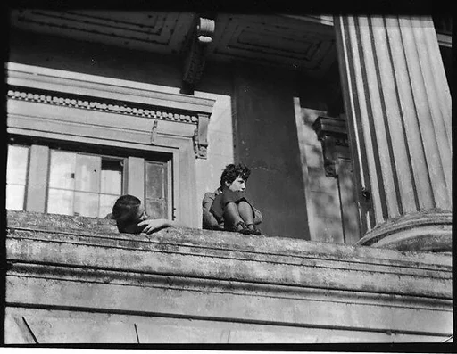 [Jane Ninas and Christine Fairchild on the Balcony of Belle Grove Plantation, White Castle, Louisiana]