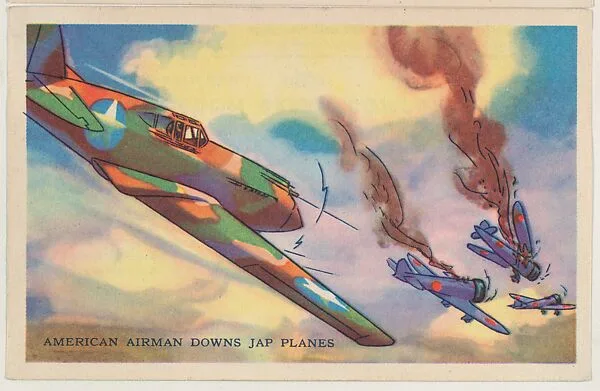 American Airman Downs Japanese Planes, bakery card from the Frontiers of Freedom series (D39-4), issued by the Gordon Bread Company — Gordon Bread Company