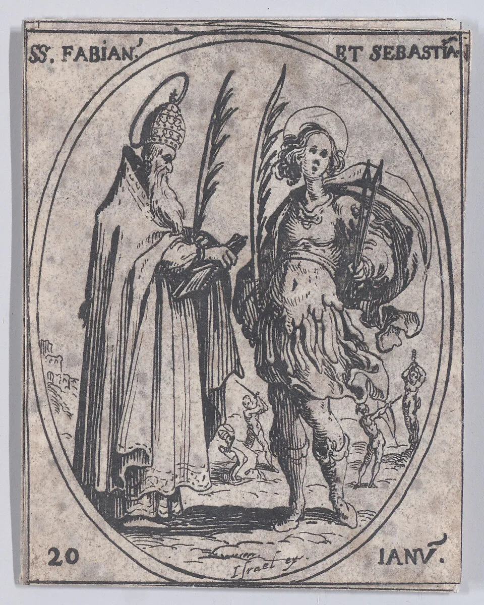 S. Fabien et S. Sébastien (St. Fabian and St. Sebastian), January 20th, from "Les Images De Tous Les Saincts et Saintes de L'Année" (Images of All of the Saints and Feast Days of the Year) — Jacques Callot|Israël Henriet