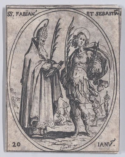 S. Fabien et S. Sébastien (St. Fabian and St. Sebastian), January 20th, from "Les Images De Tous Les Saincts et Saintes de L'Année" (Images of All of the Saints and Feast Days of the Year)