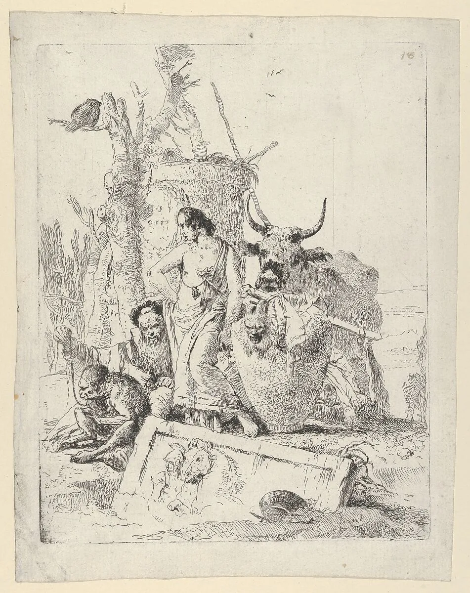 Young Shepherdess and old man with a Monkey, from the Scherzi — Giovanni Battista Tiepolo