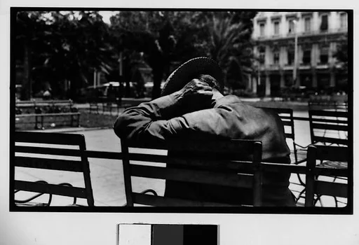 [Man Wearing Boater Asleep on Bench in Park, From Behind, Parque Fraternidad, Havana]