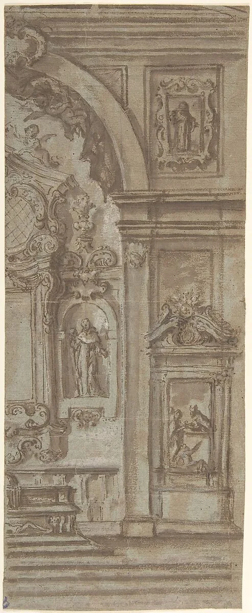 Right Half of a Wall Elevation with a Church Altar — Anonymous, Italian, Bolognese 18th century artist