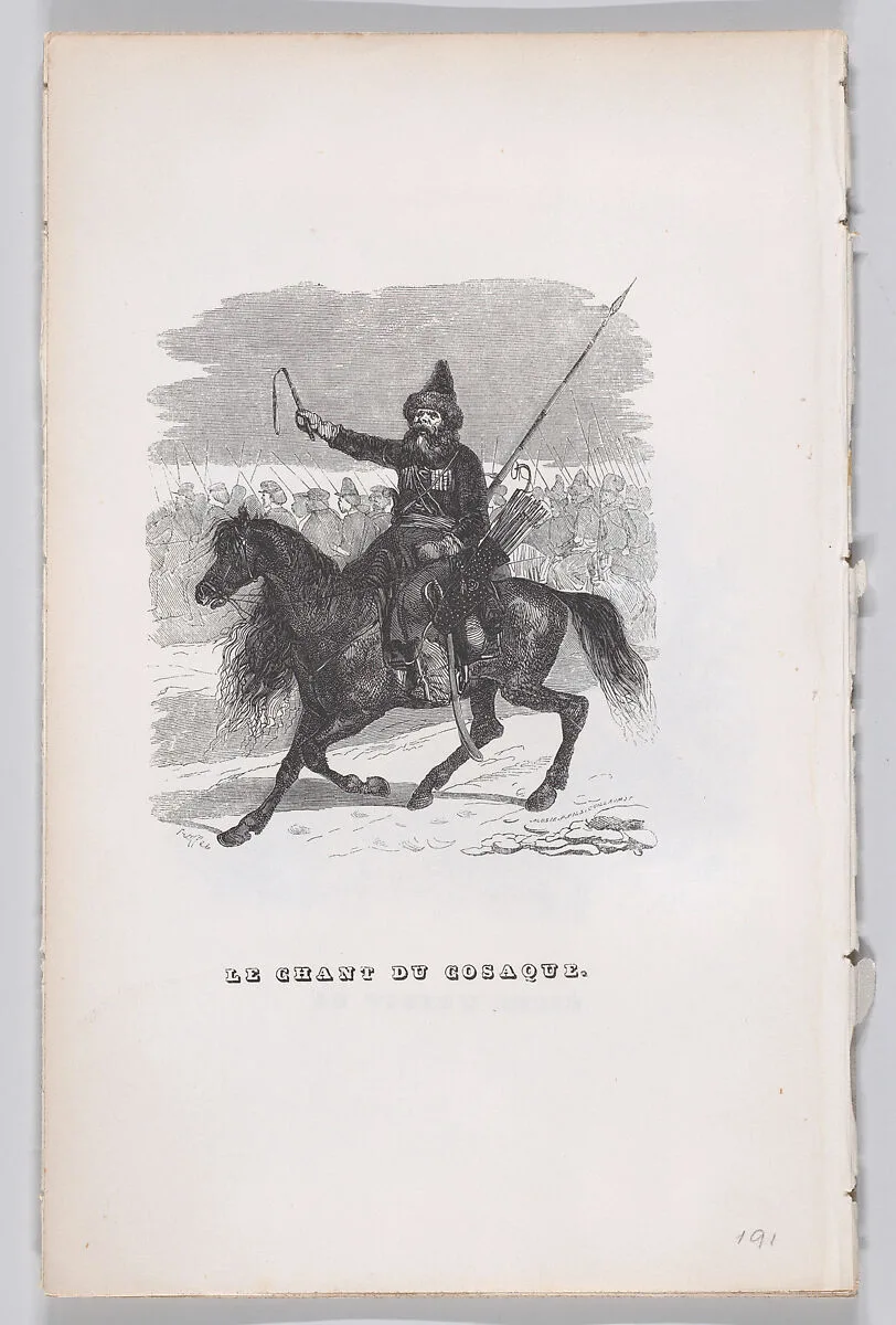 "The Song of the Cossack" from The Complete Works of Béranger — J. J. Grandville|Pierre Jean de Béranger|Fournier & Perrotin|Eugène Guillaumot|Lacoste, Paris|Auguste Raffet