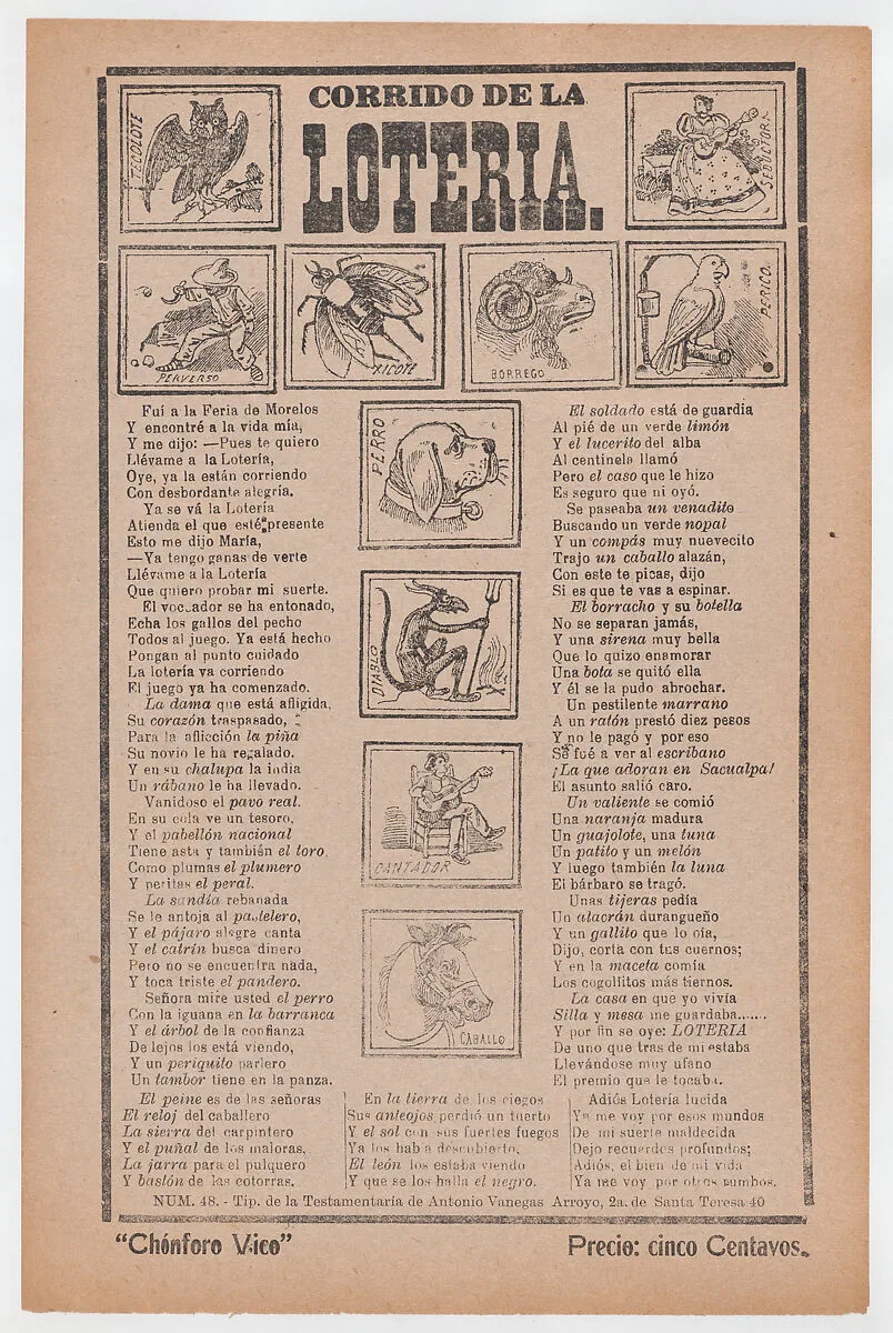 Broadsheet with a ballad about bingo, illustrations of different animals and people — Antonio Vanegas Arroyo|José Guadalupe Posada