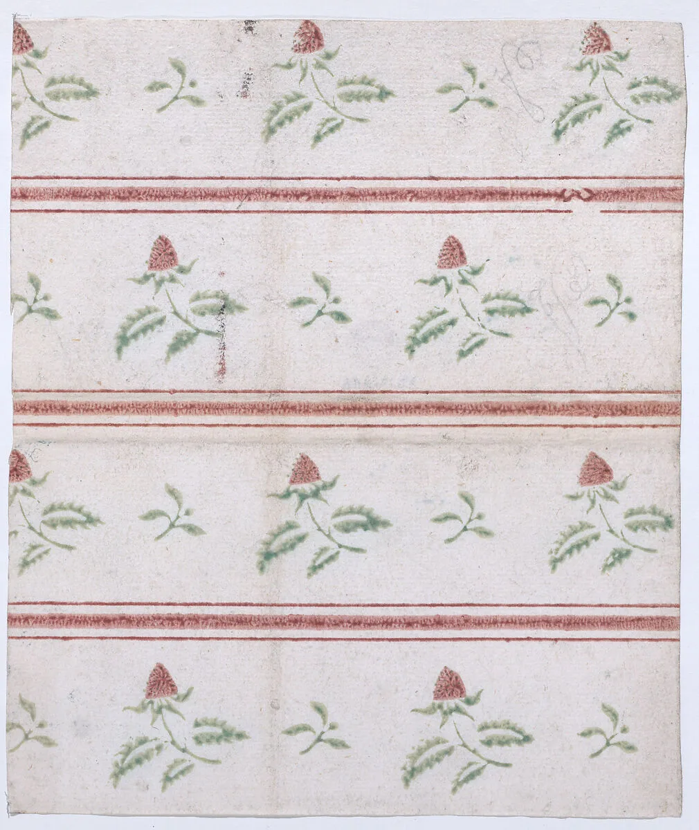 Sheet with overall leaf, flower, and stripe pattern — Anonymous