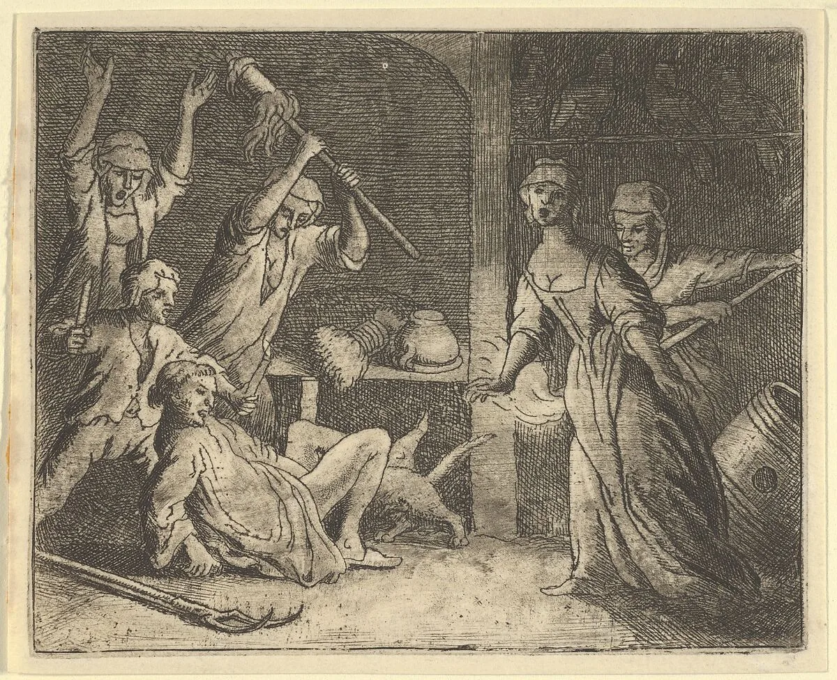 The Cat, Caught in a Snare, is Mistreated by the People from the House from Hendrick van Alcmar's Renard The Fox — Allart van Everdingen