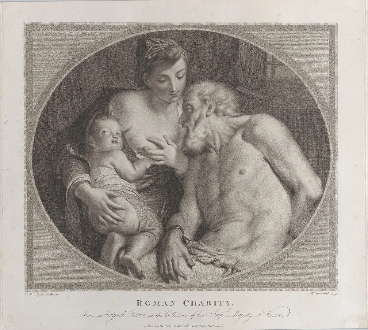 Roman Charity, with Pero, holding a small child, offering her right breast to the shackled Cimon — Carlo Cignani|Michele Benedetti