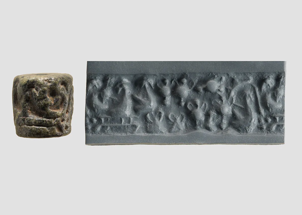 Cylinder seal and modern impression: female figure seated on a platform with "pigtailed ladies" and pots — Unknown