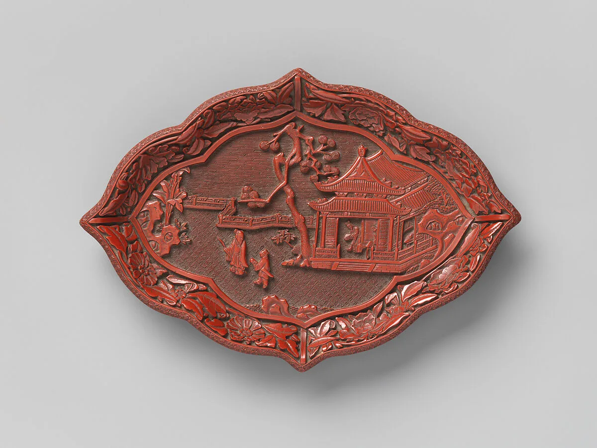 明早期 雕漆剔紅庭園高仕圖菱花盤|Lozenge-shaped dish with garden scene — Unknown