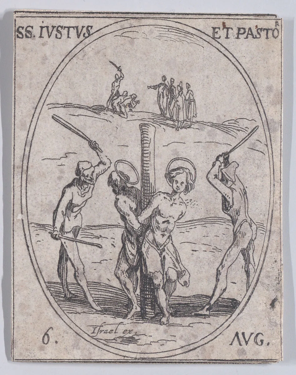 S. Juste et S. Pastor (St. Justus and St. Pastor), August 6th, from "Les Images De Tous Les Saincts et Saintes de L'Année" (Images of All of the Saints and Religious Events of the Year) — Jacques Callot|Israël Henriet