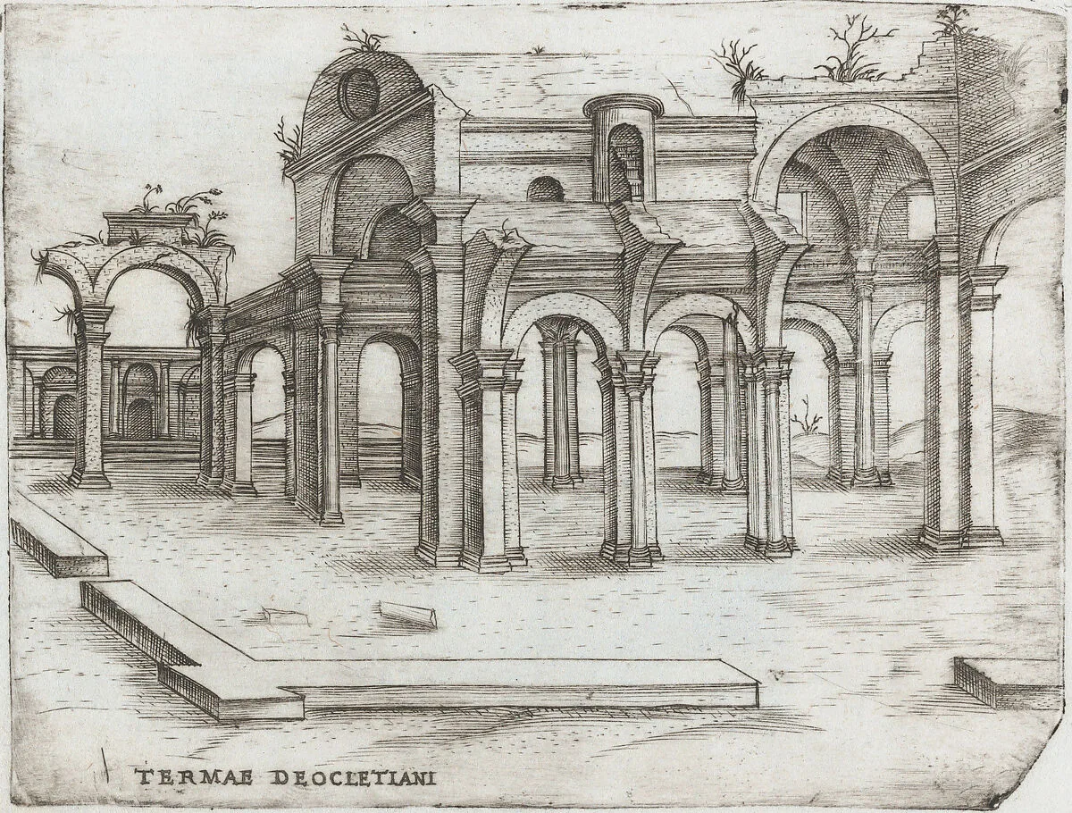 Sepulchrum Adriani, from a Series of Prints depicting (reconstructed) Buildings from Roman Antiquity — Monogrammist G.A. & the Caltrop