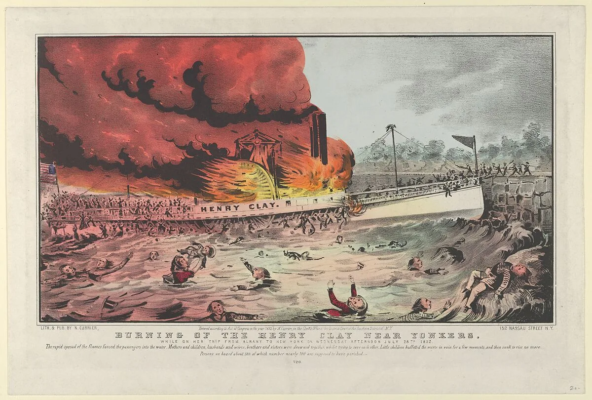 Burning of the Henry Clay Near Yonkers–While on Her Trip From Albany to New York on Wednesday Afternoon July 28th, 1852.–The rapid spread of the flames forced the passengers into the water. Mothers and children, husbands and wives, brothers and sisters were drowned together, whilst trying to save each other. Little children buffetted the waves in vain for a few moments, and then sunk to rise no more. Persons on board about 500 of which number nearly 100 are supposed to have perished. — Nathaniel Currier