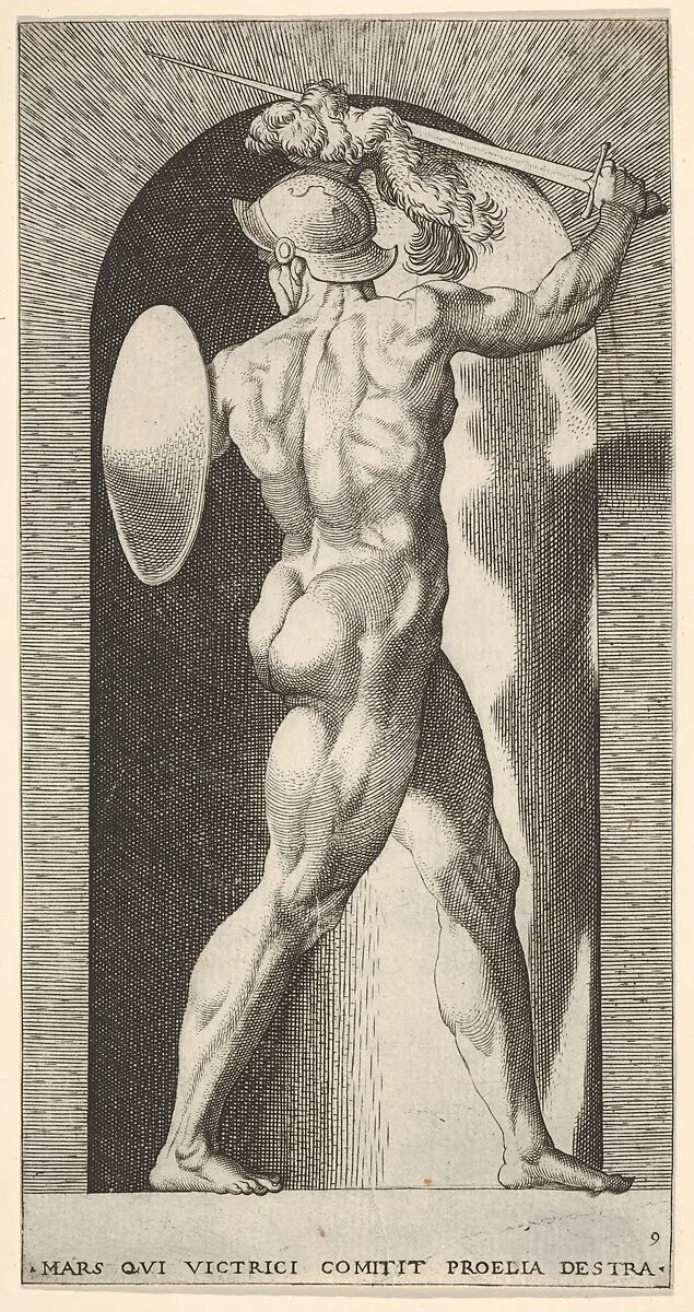 Plate 9: Mars in a niche, holding a sword above his head with his right arm, and a shield on his left arm, from "Mythological Gods and Goddesses" — Giovanni Jacopo Caraglio|Rosso Fiorentino