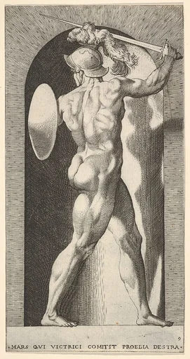Plate 9: Mars in a niche, holding a sword above his head with his right arm, and a shield on his left arm, from "Mythological Gods and Goddesses"