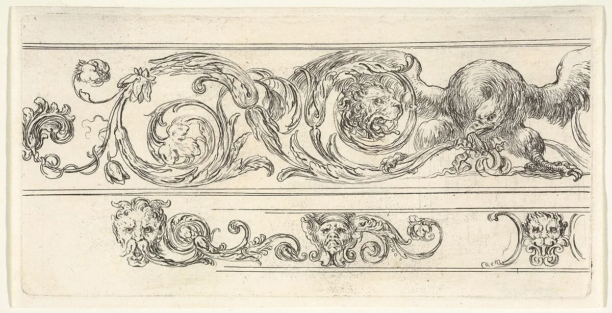 Plate 7: two friezes; at top, an eagle and the head of a lion, at bottom, a lion head and two grotesque heads of men, from 'Friezes, foliage, and grotesques' (Frises, feuillages et grotesques) — Stefano della Bella