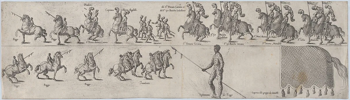 Plate depicting Donato Carcano, from a series of twelve showing knights and their attendants dressed for a tournament (plate 3) — Anonymous