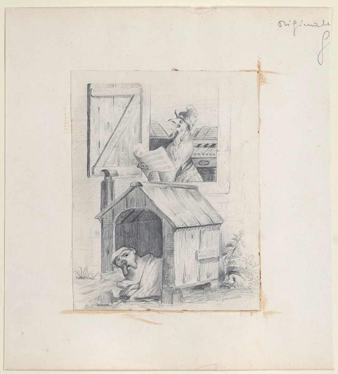 Dog in doghouse; cock singing at window — J. J. Grandville
